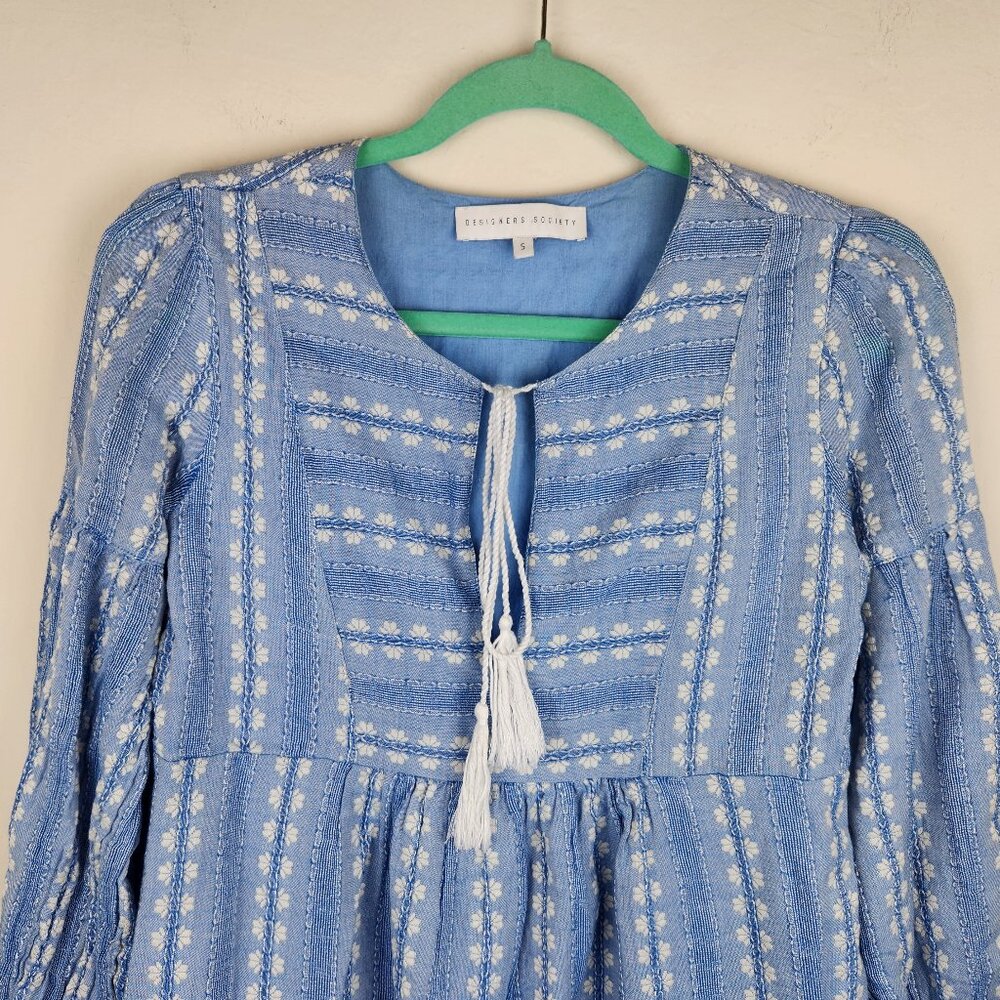 Designers Society Boho Peasant Gauzy Long Sleeve Mini Dress Blue White sz S - Picture 3 of 12